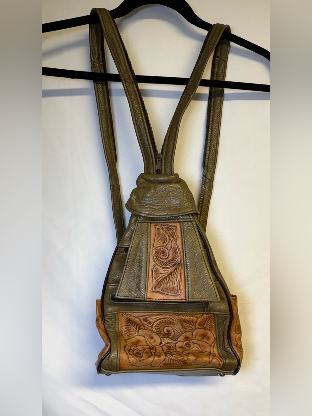 Olive Green Tooled Leather Backpack with Tan Accents